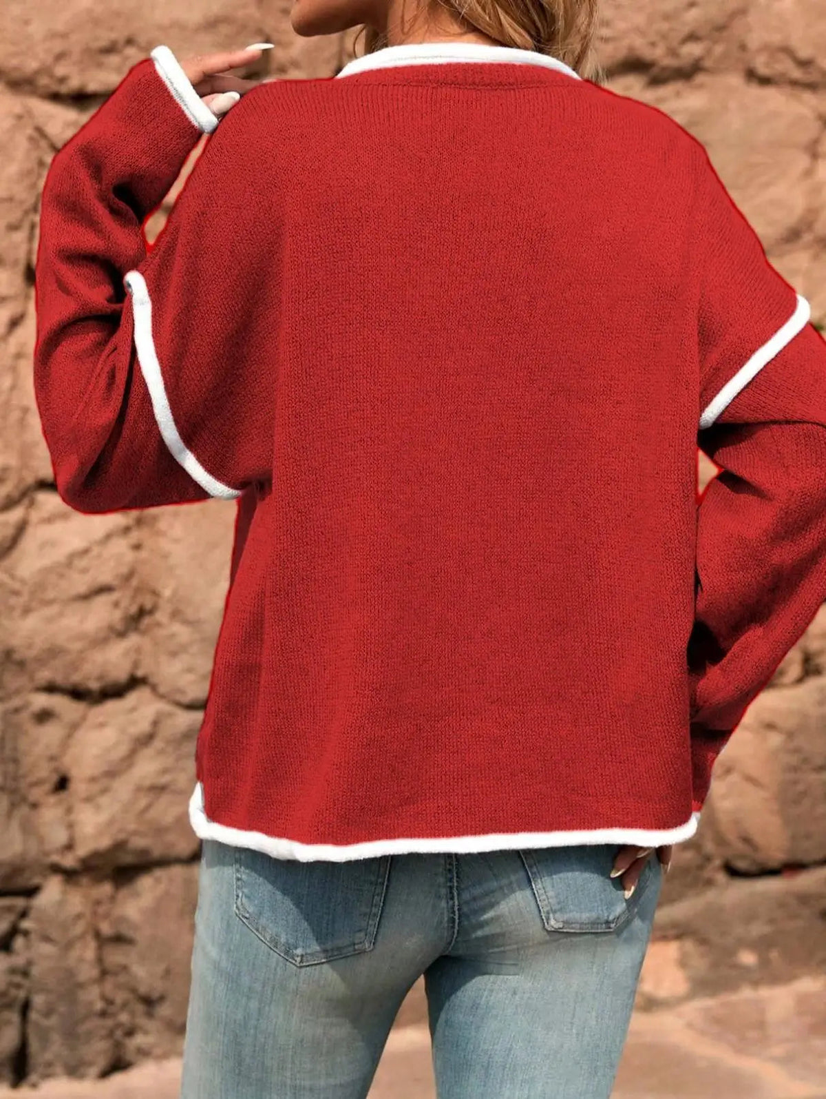 Women's Two Tone V Neck Knit Jumper
