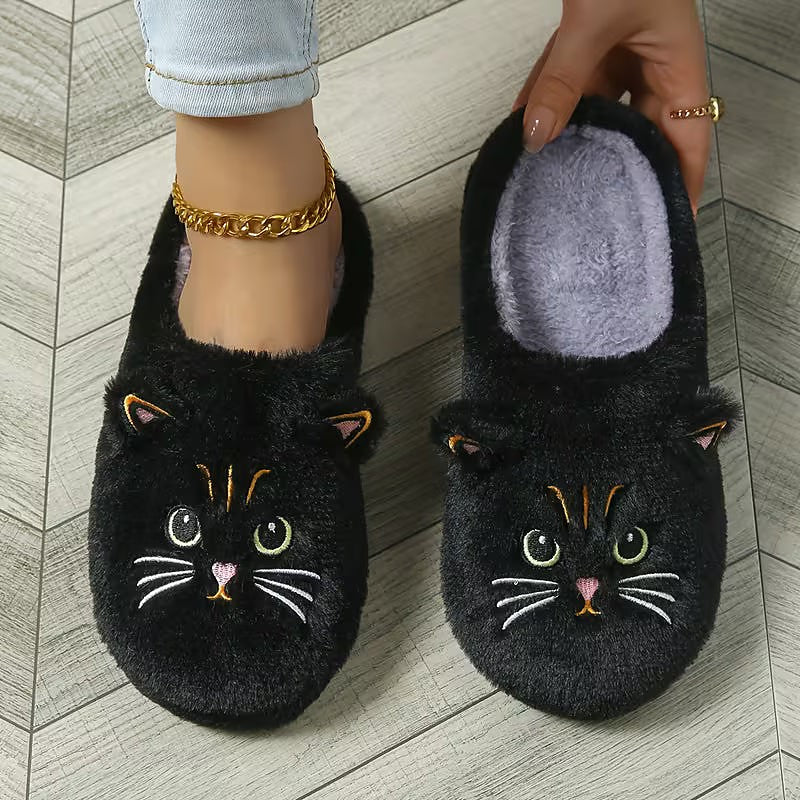 Women's Cat Embroidered Fluffy House Slippers