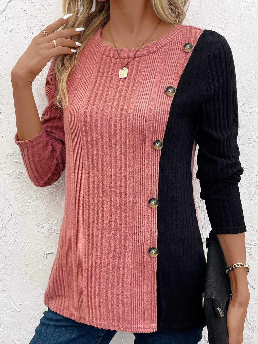 Women's Ribbed Colour Block Button Top