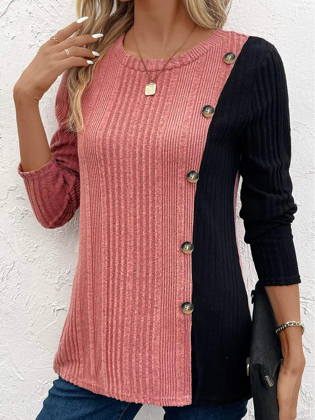 Women's Ribbed Colour Block Button Top