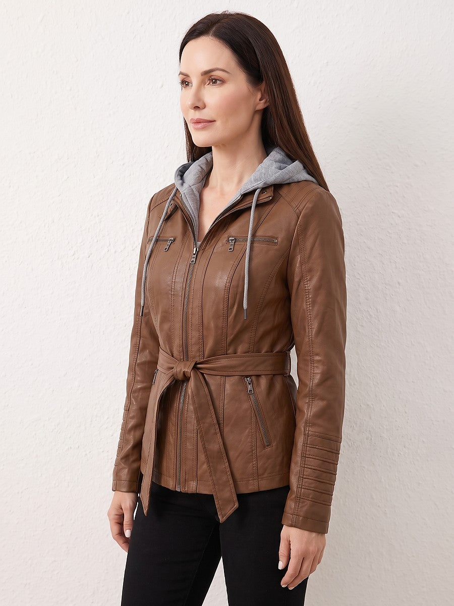 Women's Detachable Hood Faux Leather Jacket
