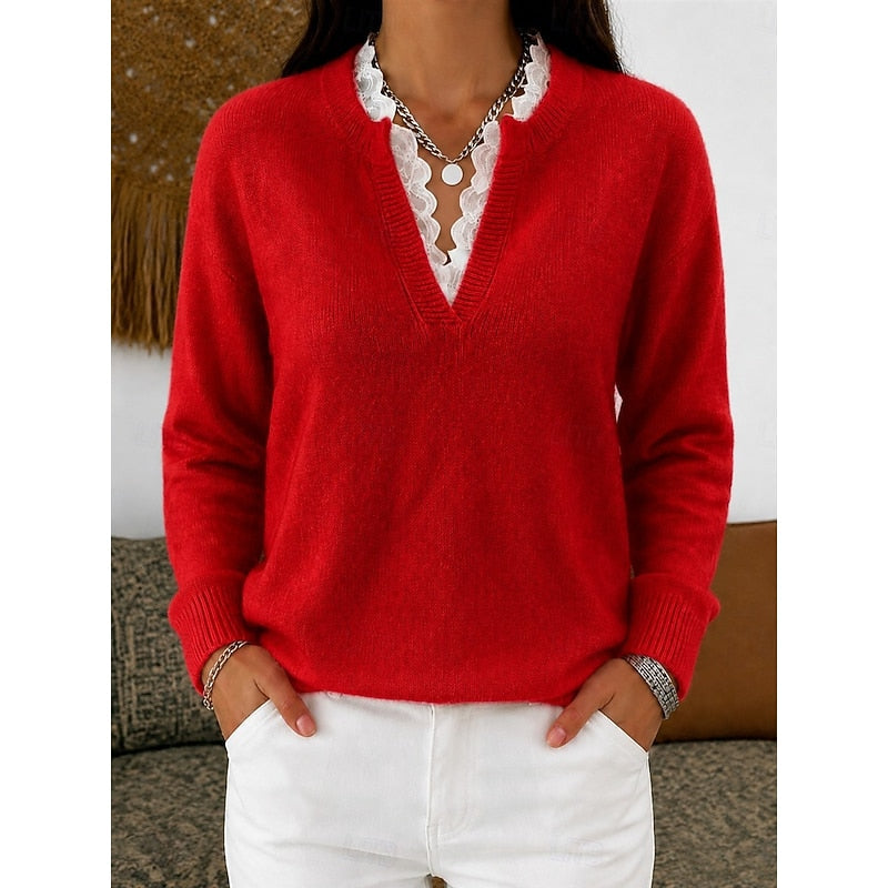 Women's Lace Trim Ribbed V Neck Jumper