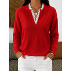 Women's Lace Trim Ribbed V Neck Jumper