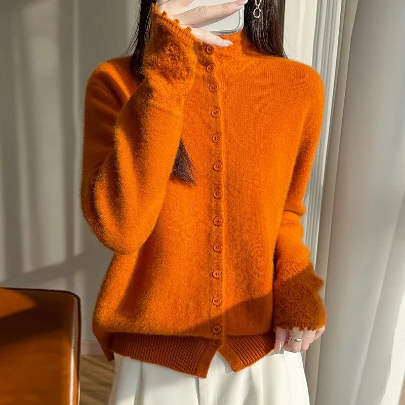 Women's Fluffy Knit High Neck Button Cardigan