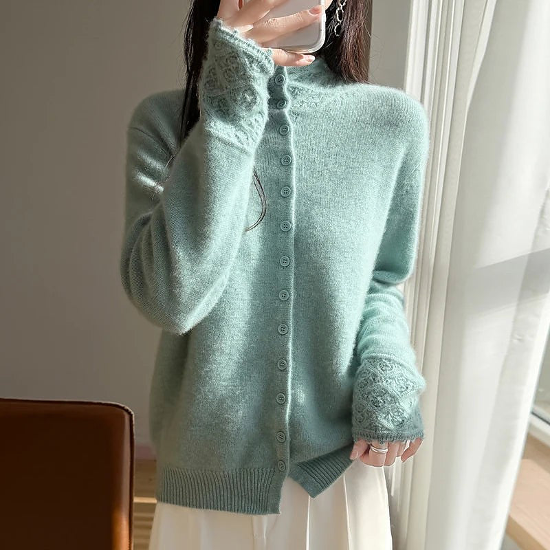 Women's Fluffy Knit High Neck Button Cardigan