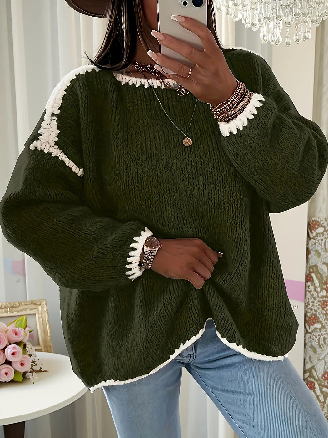 Women's Contrast Trim Oversized Brushed Knit Jumper