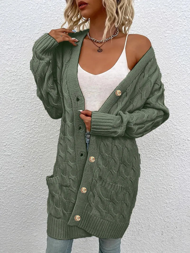Women's Chunky Cable Pocket Front Long Cardigan