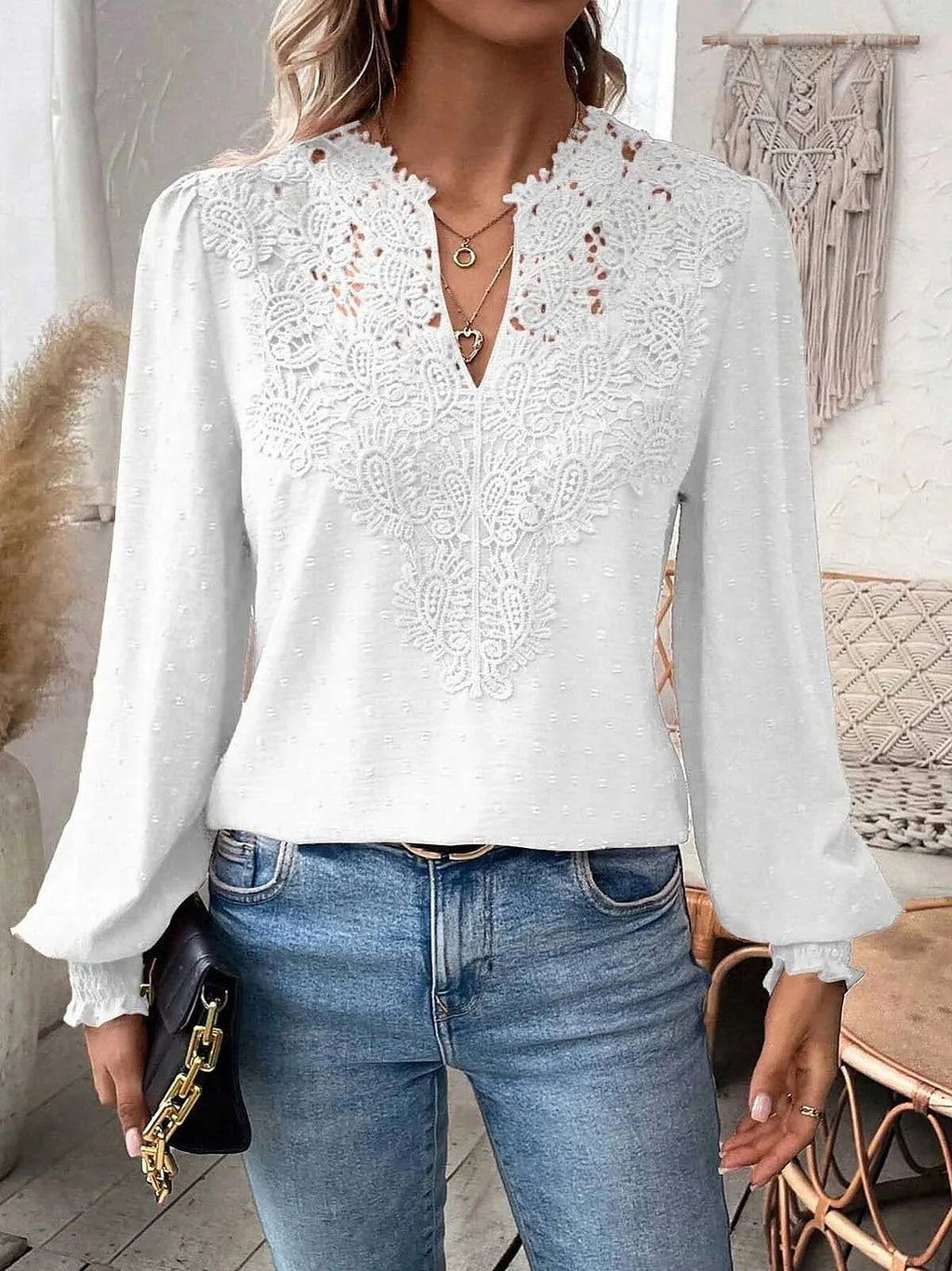 Women's Lace Insert Puff Sleeve Dobby Blouse