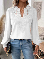Women's Lace Insert Puff Sleeve Dobby Blouse
