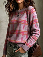 Women's Loose Fit Brushed Check Knit Jumper