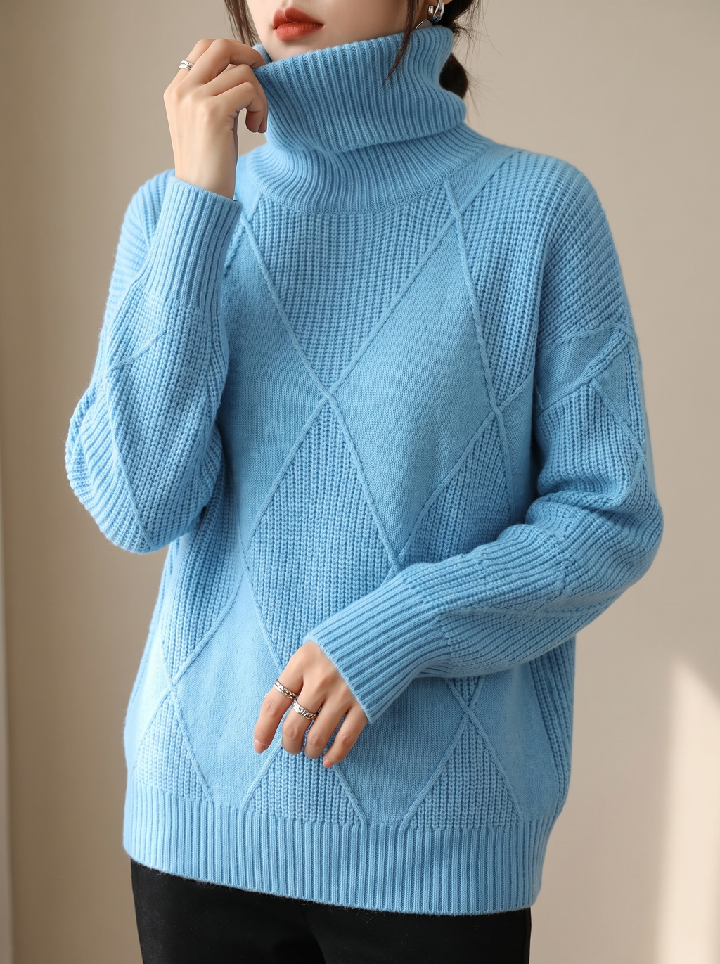 Women's Puff Sleeve Cable Roll Neck