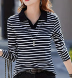 Women's Striped Contrast Collar Polo Top