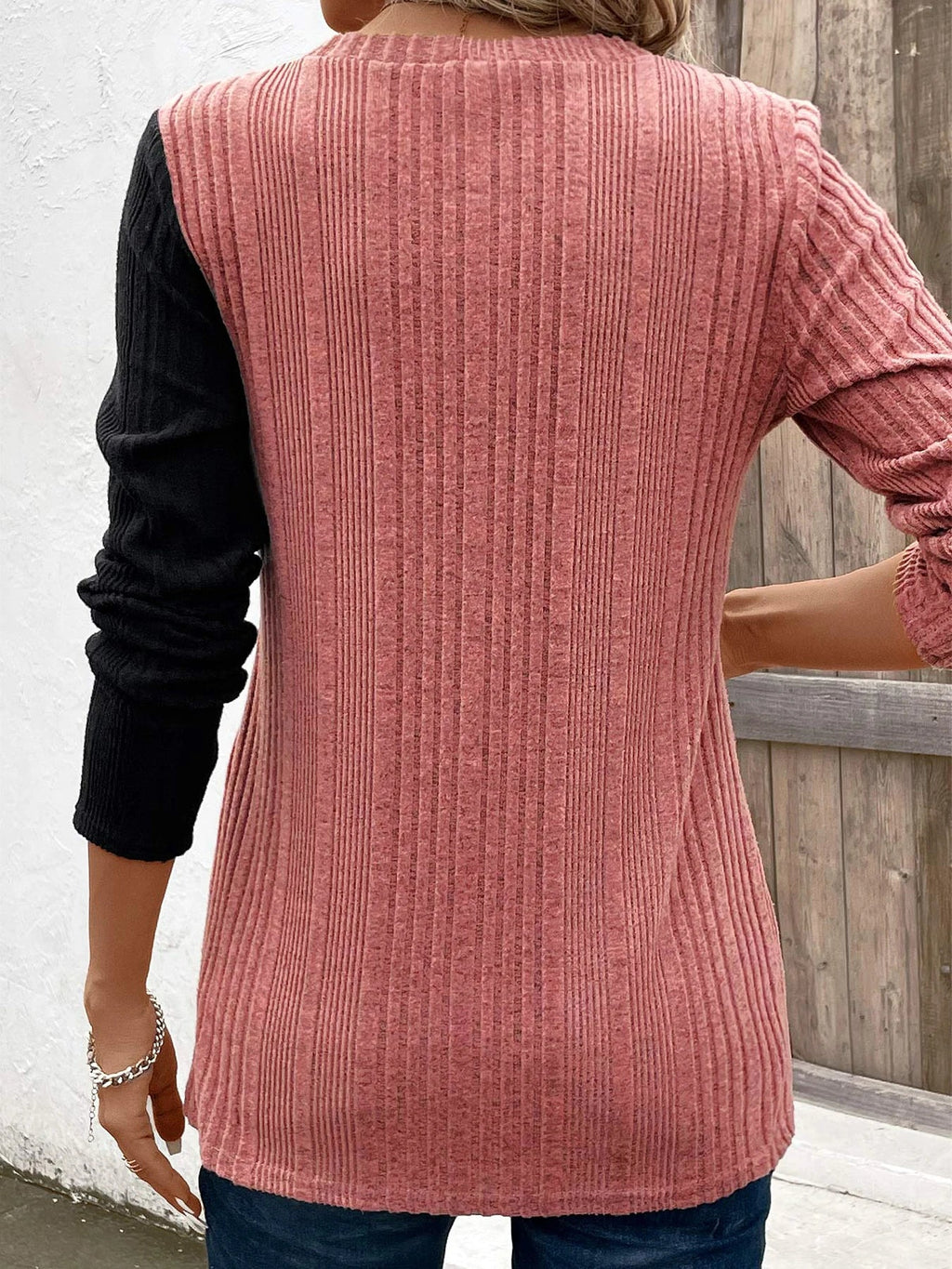 Women's Ribbed Colour Block Button Top