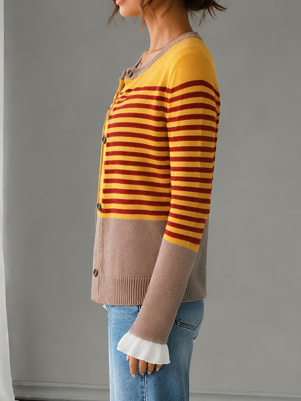 Women's Striped Frill Cuff Autumn Cardigan