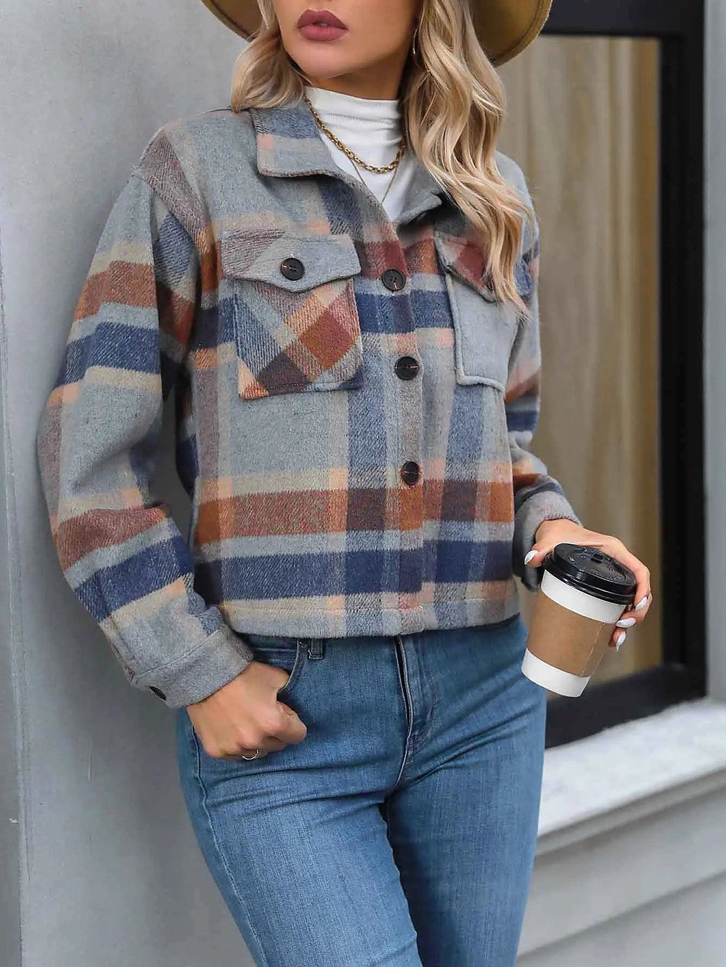 Women's Cropped Flannel Check Shirt Jacket