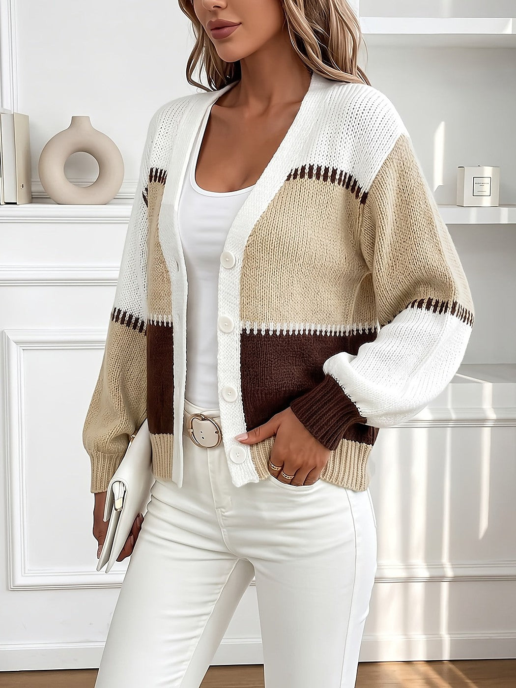 Women's Colour Block Puff Sleeve Winter Cardigan