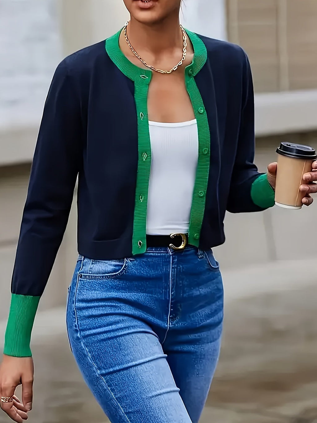 Women's Contrast Trim Crew Neck Cardigan