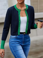 Women's Contrast Trim Crew Neck Cardigan