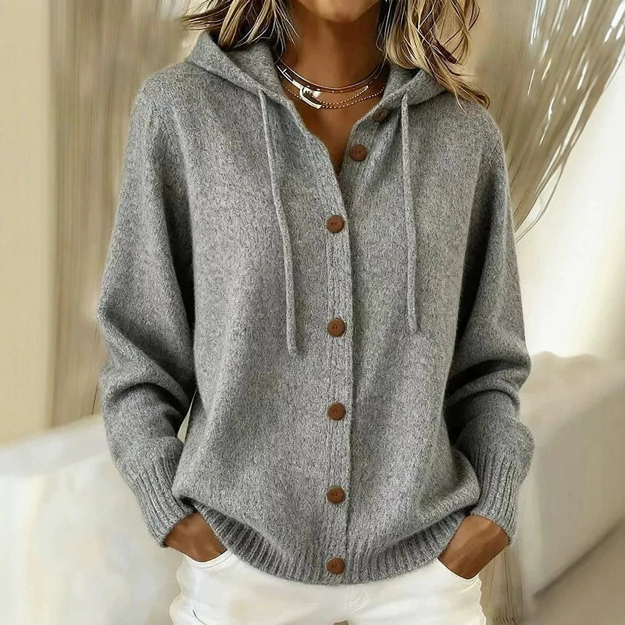 Women's Drawstring Hood Button Through Knit Cardigan