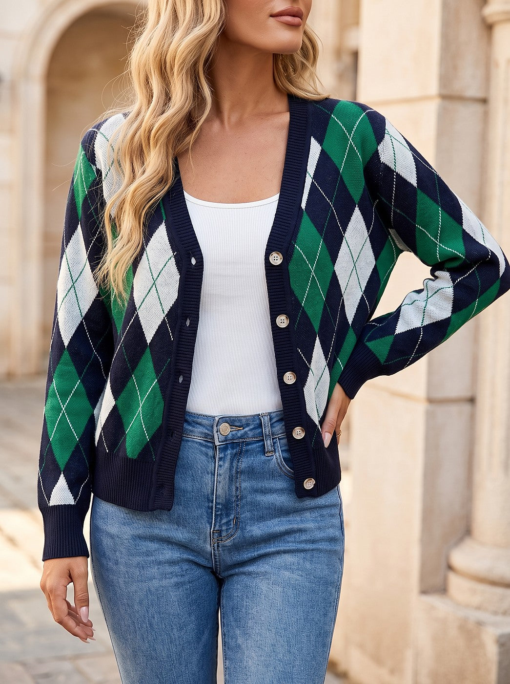 Women's Argyle Button Through Cardigan