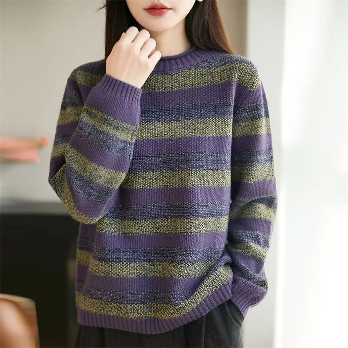 Women's Slouchy Textured Stripe Knitted Autumn Jumper