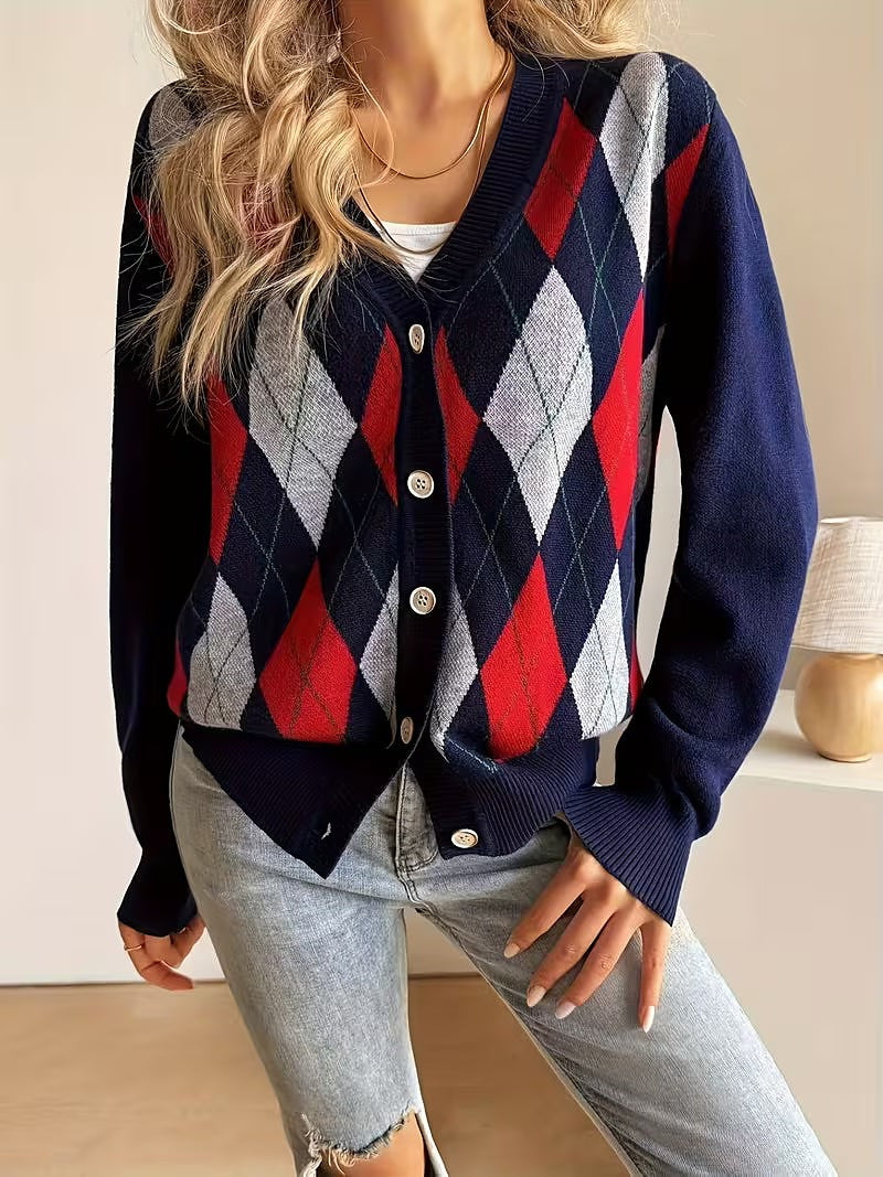 Women's Argyle Jacquard V Neck Cardigan