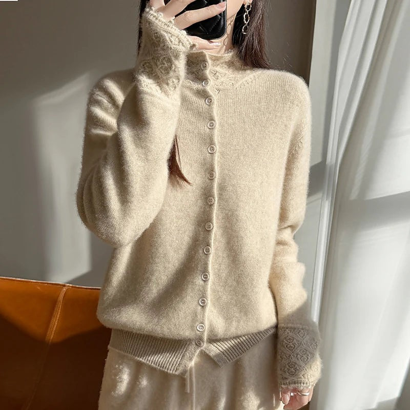 Women's Fluffy Knit High Neck Button Cardigan