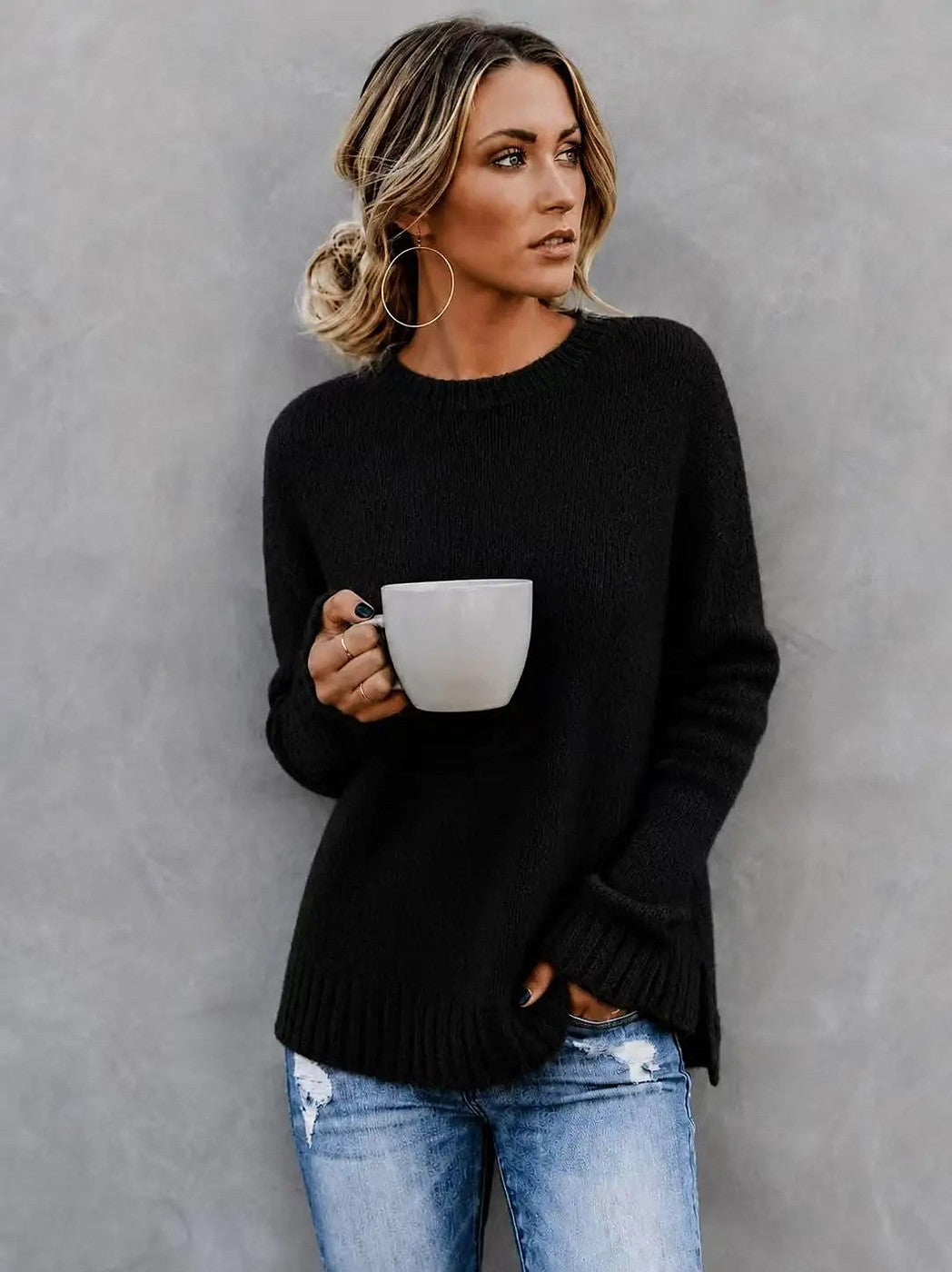 Women's Ribbed Trim Side Split Knitted Jumper
