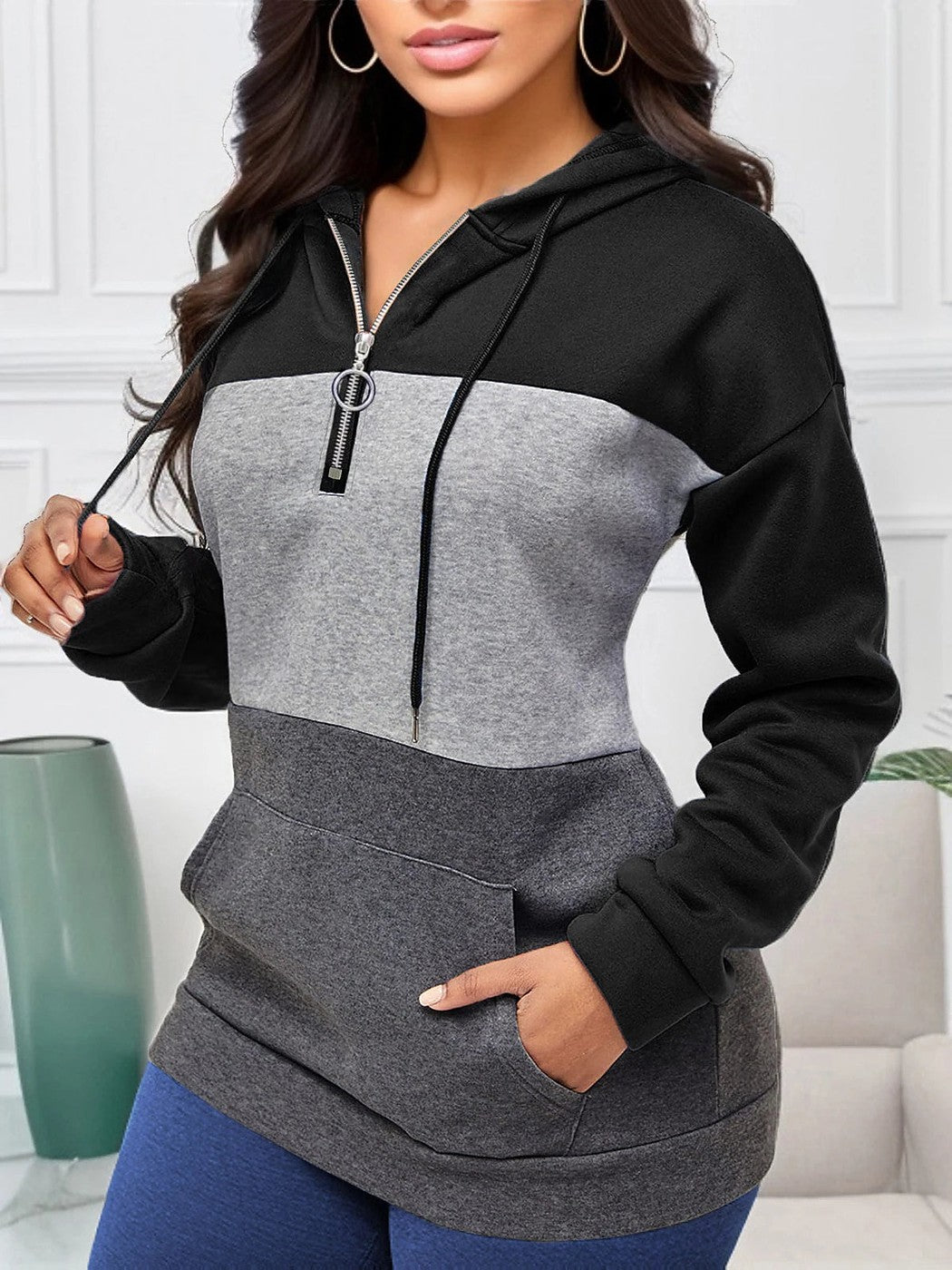 Women's Colour Block Half Zip Fleece Hoodie