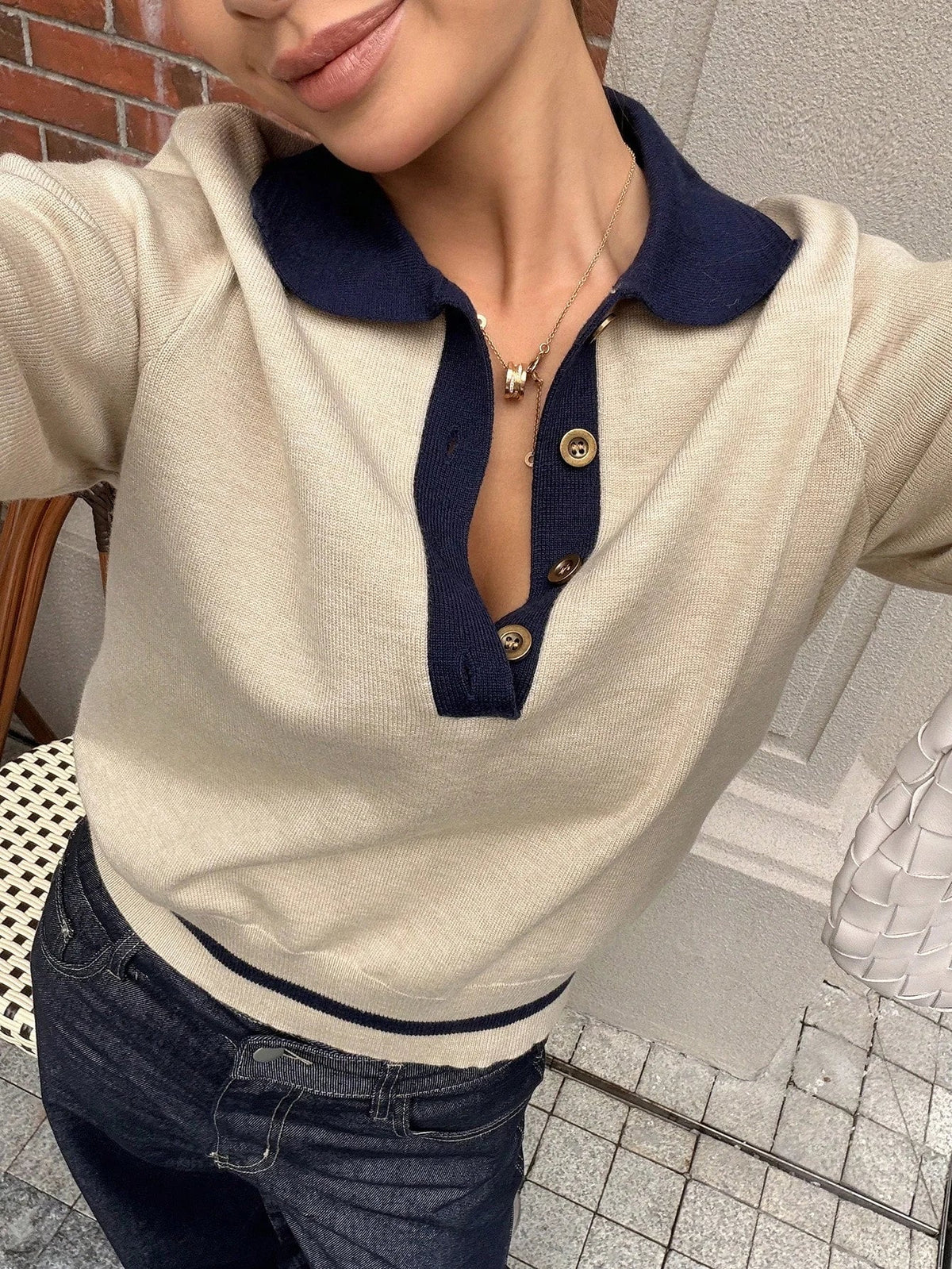 Women's Colour Block Polo Neck Top