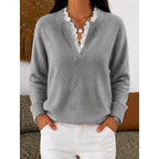 Women's Lace Trim Ribbed V Neck Jumper