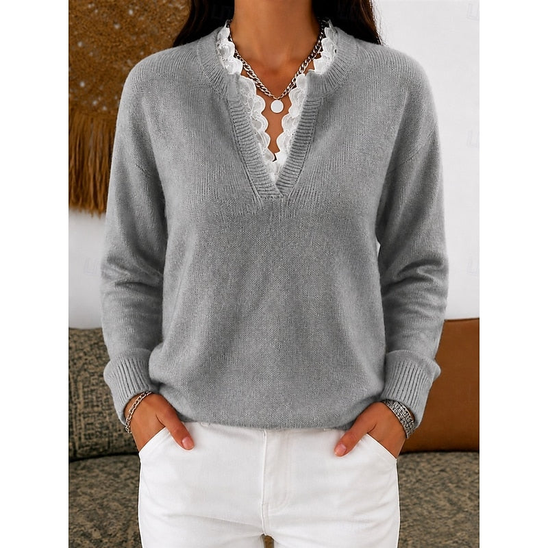 Women's Lace Trim Ribbed V Neck Jumper