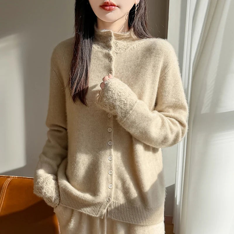 Women's Fluffy Knit High Neck Button Cardigan