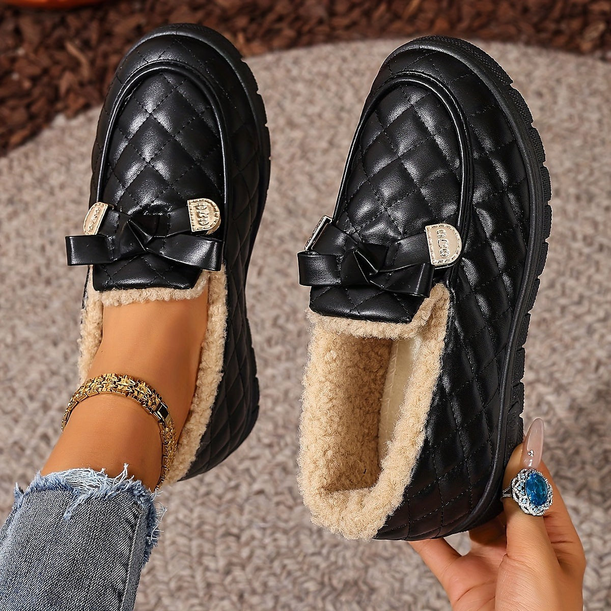 Women's Quilted Buckle Faux Fur Lined Slippers