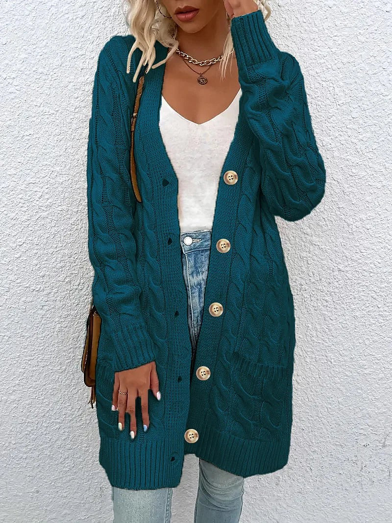 Women's Chunky Cable Pocket Front Long Cardigan