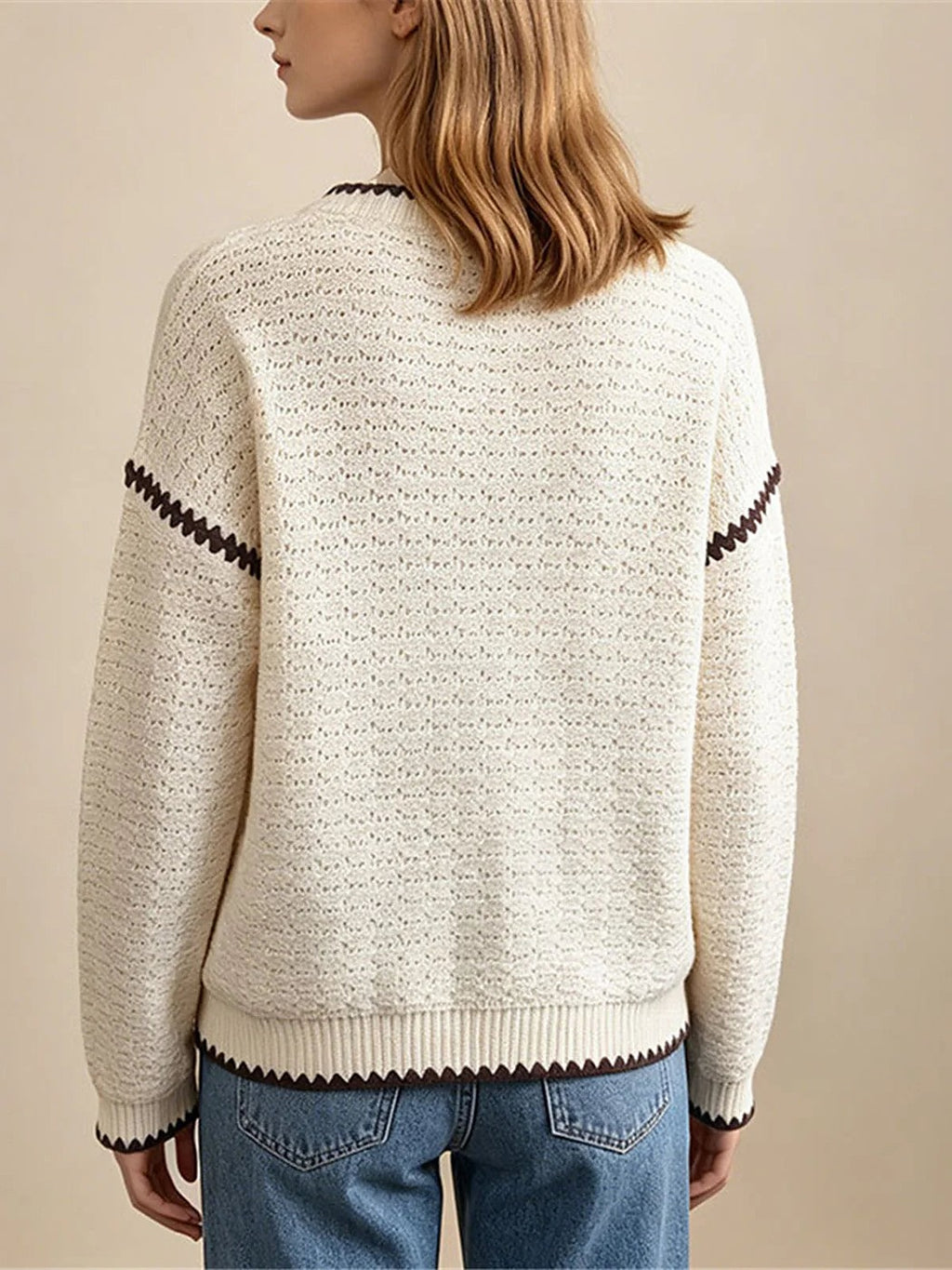 Women's Open Knit Jumper with Ribbed Trim