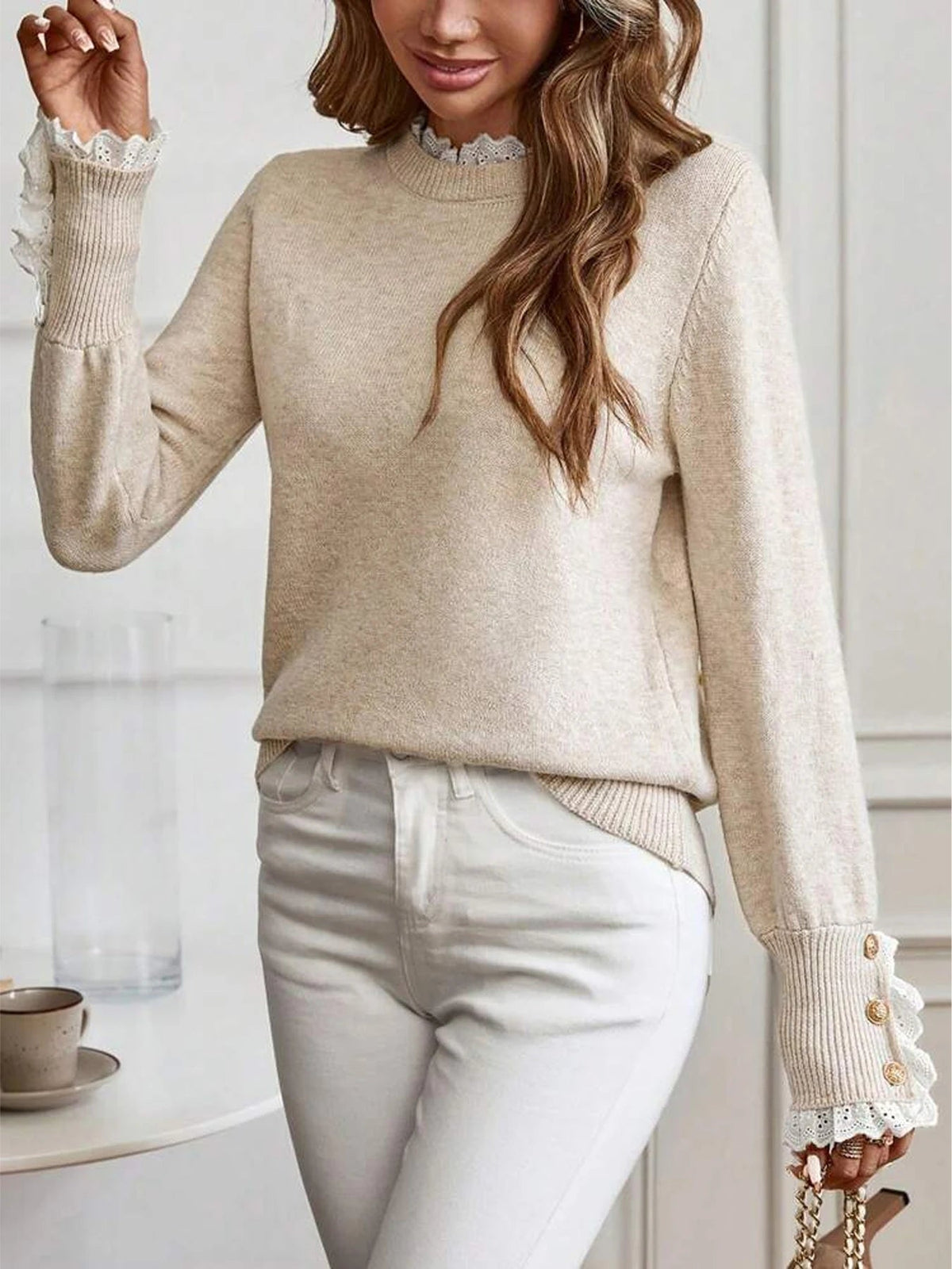 Women's Lace Trim Round Neck Jumper