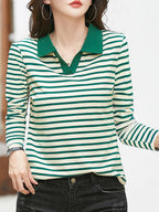Women's Striped Contrast Collar Polo Top