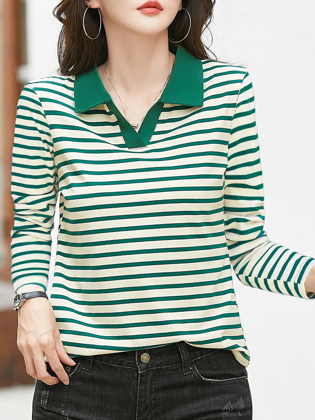 Women's Striped Contrast Collar Polo Top