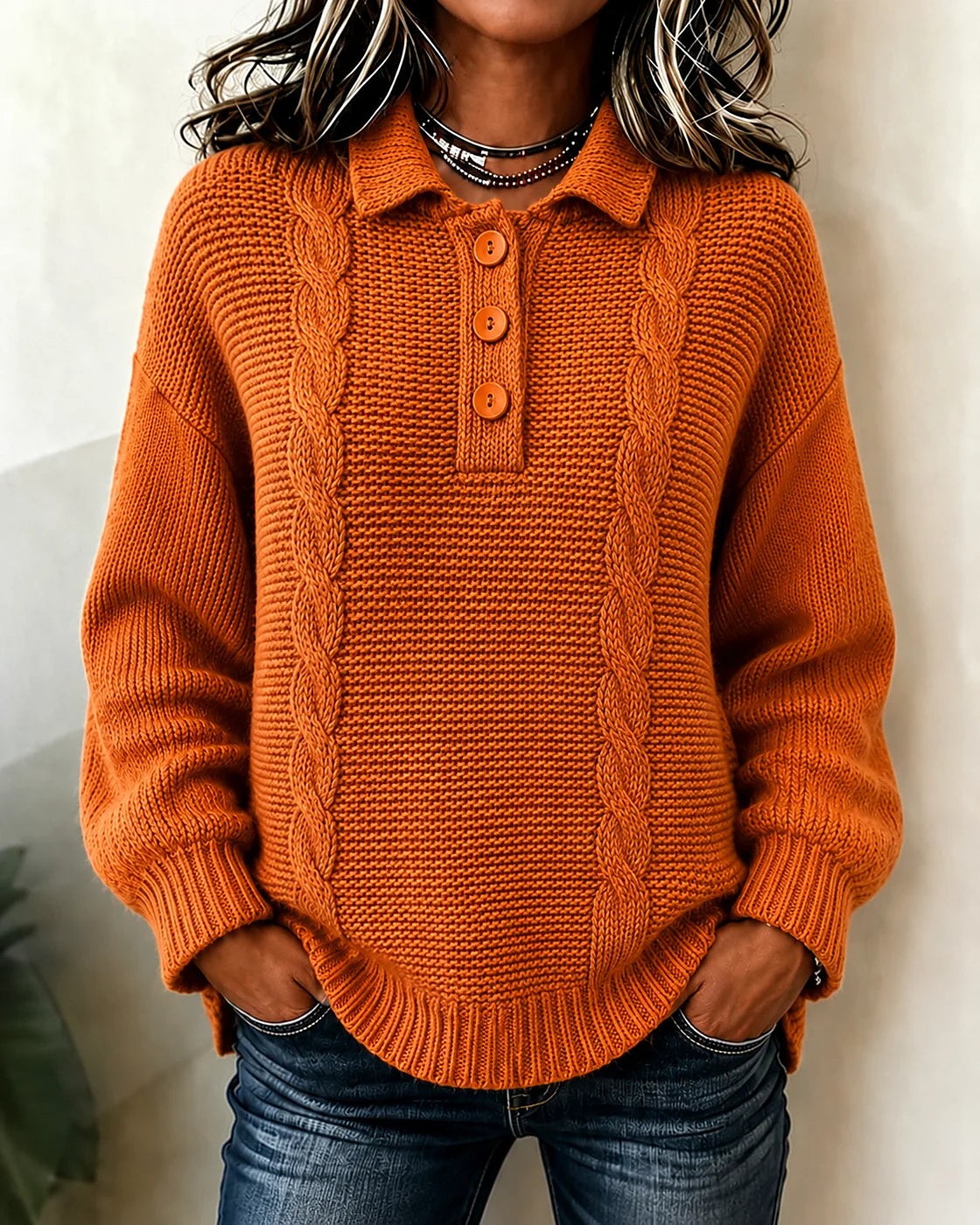 Women's Cable Polo Collar Button Placket Jumper