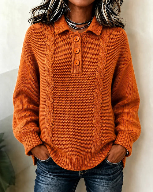 Women's Cable Polo Collar Button Placket Jumper
