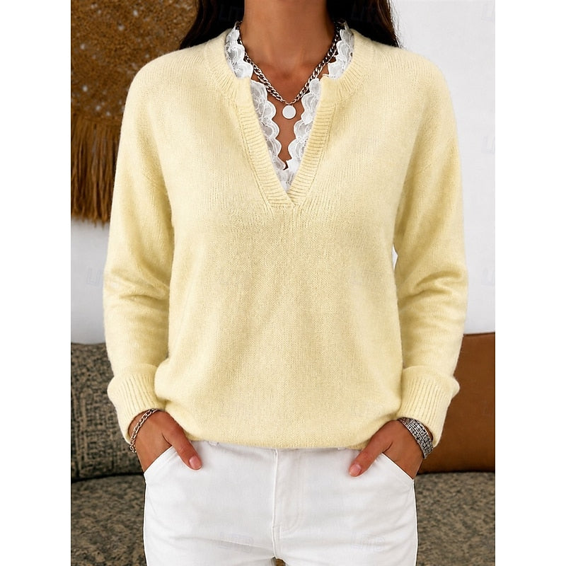 Women's Lace Trim Ribbed V Neck Jumper