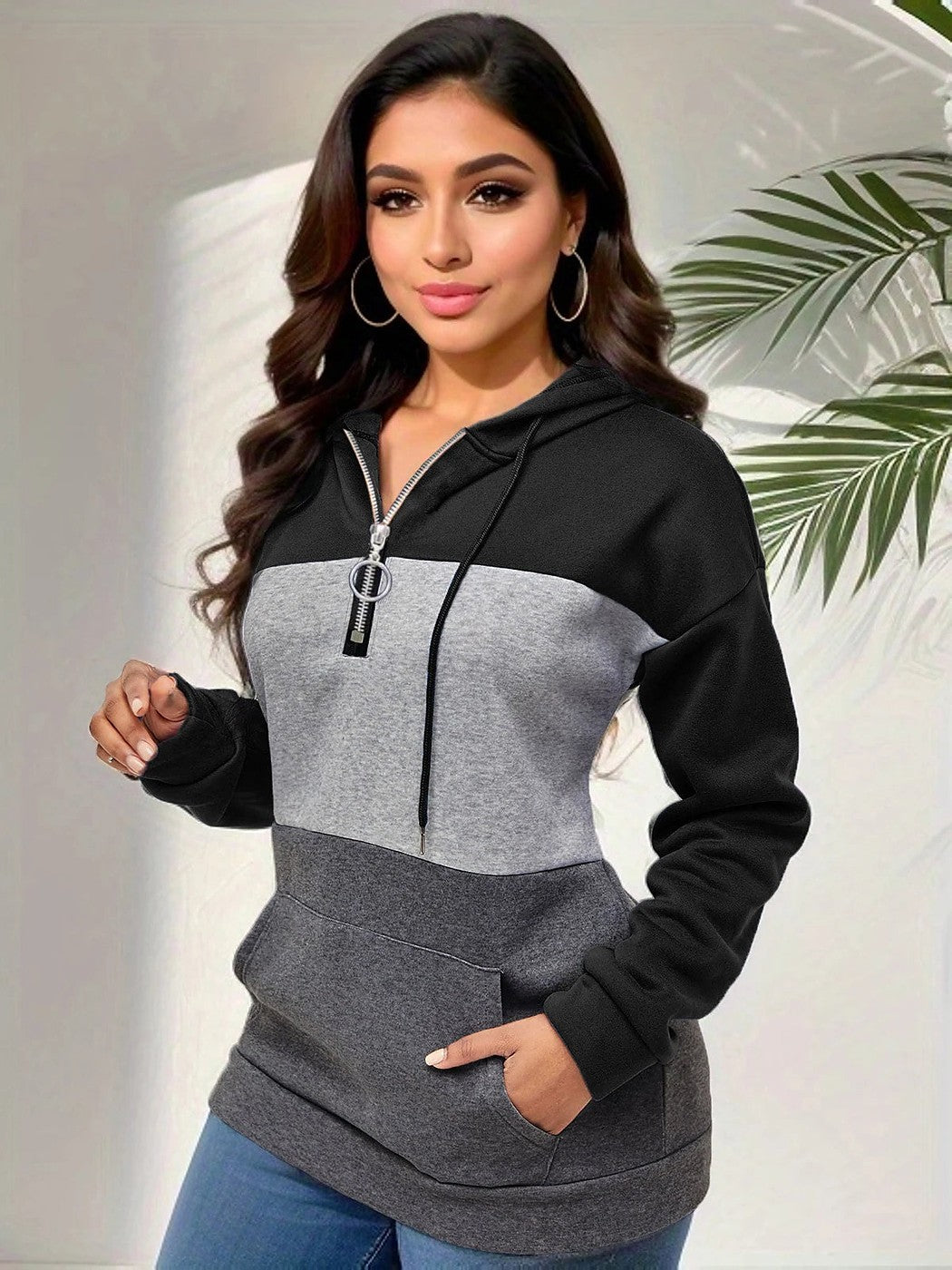 Women's Colour Block Half Zip Fleece Hoodie