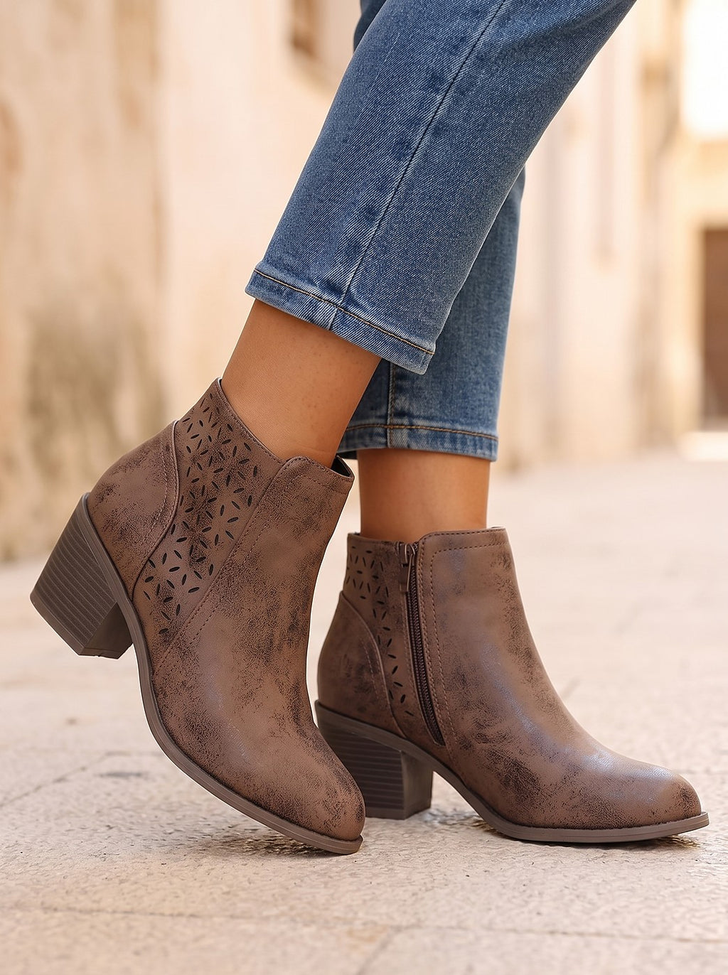 Women's Laser Cut Block Heel Ankle Boots