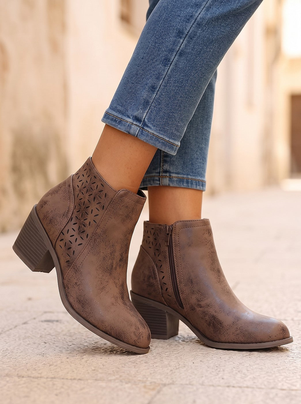 Women's Laser Cut Block Heel Ankle Boots