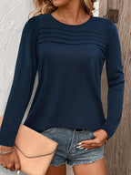 Women's Pintuck Round Neck Long Sleeve Blouse
