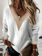Women's Crochet Trim Cable Knit Winter Jumper