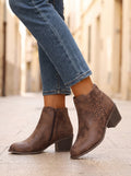 Women's Laser Cut Block Heel Ankle Boots