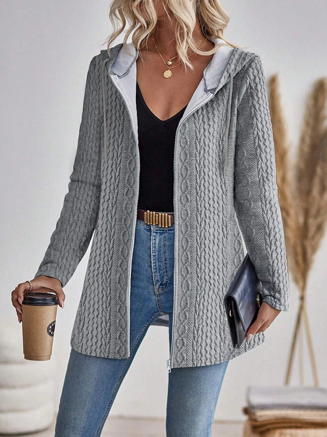 Women's Hooded Zip Through Cable Knit Cardigan