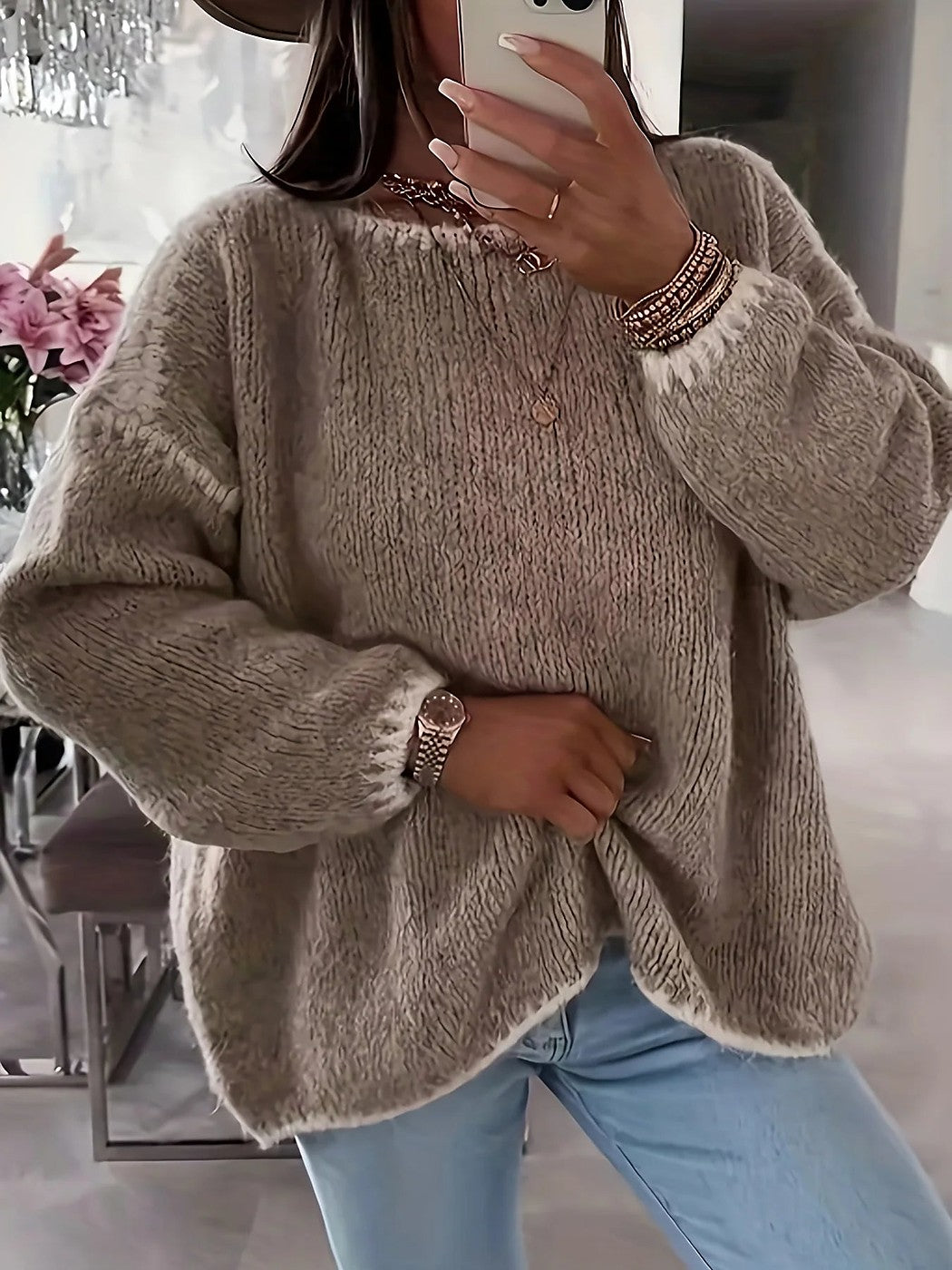 Women's Contrast Trim Oversized Brushed Knit Jumper